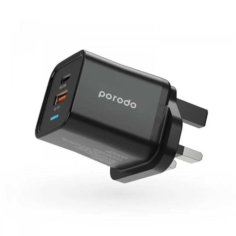 Porodo Dual Port PD + USB-A ( 35W+18W) Charger, Black Porodo Dual Port PD + USB-A ( 35W+18W) Charger, Black